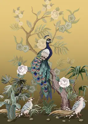 Roller blind for large window peacock on a tree design