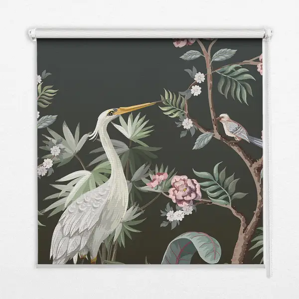 Fabric roller blind with a birds by the tree pattern