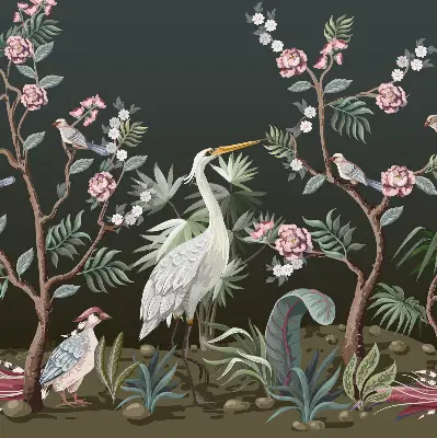 Fabric roller blind with a birds by the tree pattern