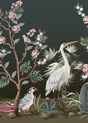 Fabric roller blind with a birds by the tree pattern