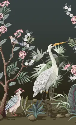 Fabric roller blind with a birds by the tree pattern