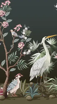 Fabric roller blind with a birds by the tree pattern