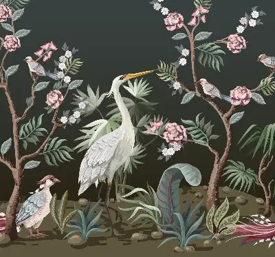 Fabric roller blind with a birds by the tree pattern