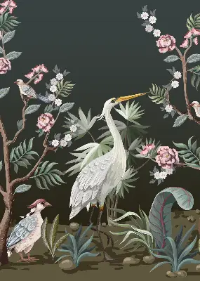 Fabric roller blind with a birds by the tree pattern