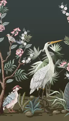 Fabric roller blind with a birds by the tree pattern