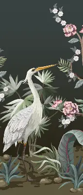 Fabric roller blind with a birds by the tree pattern