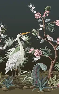 Fabric roller blind with a birds by the tree pattern