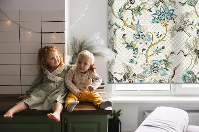 Fabric roller blind with a flowers and birds pattern