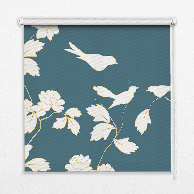 Modern roller blind with a white birds on white flowers pattern