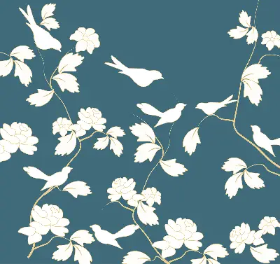 Modern roller blind with a white birds on white flowers pattern