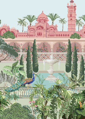 Fabric roller blind Palace with a garden