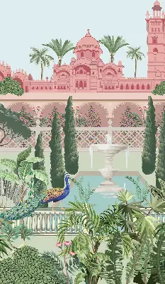 Fabric roller blind with palace and garden print