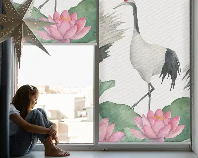 Modern roller blind with Cranes in the lilies print