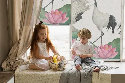 Modern roller blind with Cranes in the lilies print