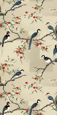 Fabric roller blind with a birds on a tree print