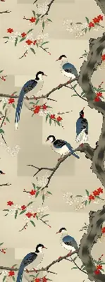 Fabric roller blind with a birds on a tree print