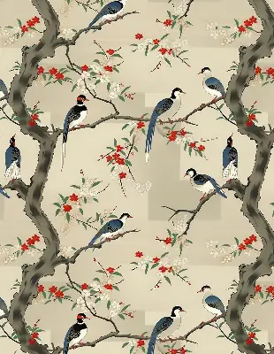 Fabric roller blind with a birds on a tree print