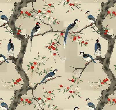 Fabric roller blind with a birds on a tree print