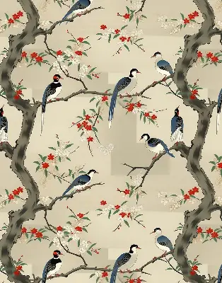 Fabric roller blind with a birds on a tree print