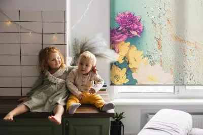 Roller blind for large window with flowers on a blue background
