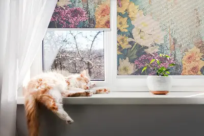 Roller blind for large window with flowers on a blue background
