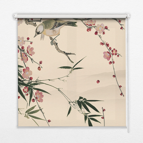 Fabric roller blind with cherry blossom and bird pattern