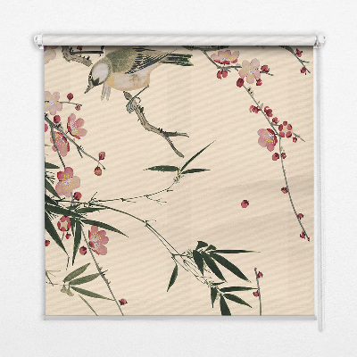 Fabric roller blind with cherry blossom and bird pattern