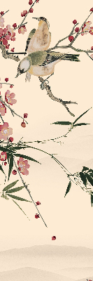 Fabric roller blind with cherry blossom and bird pattern