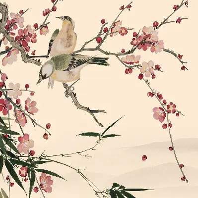 Fabric roller blind with cherry blossom and bird pattern