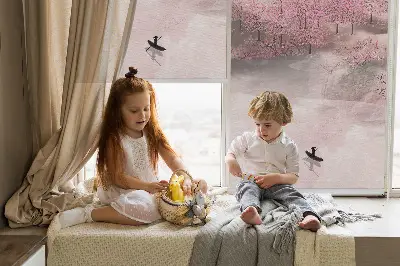 Fabric roller blind in a cherry blossom garden print