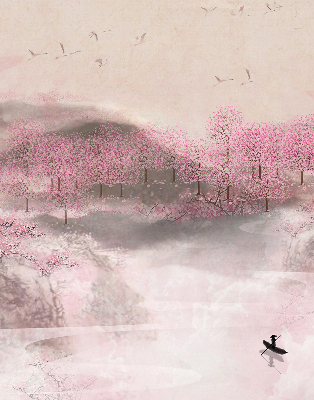Fabric roller blind in a cherry blossom garden print