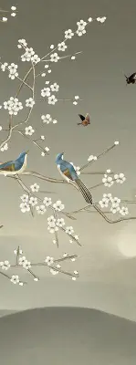 Modern roller blind with a birds on a branch pattern