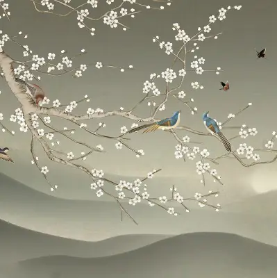 Modern roller blind with a birds on a branch pattern