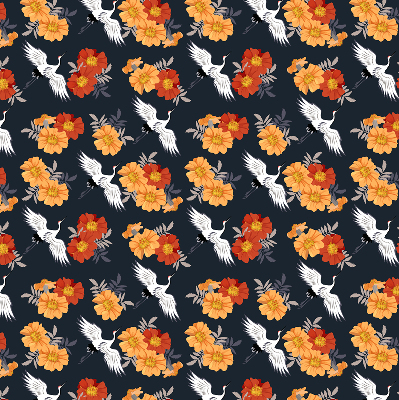 Modern roller blind with flowers and cranes pattern