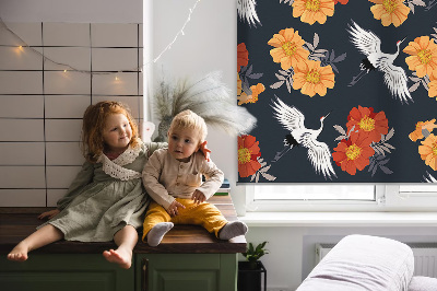 Modern roller blind with flowers and cranes pattern