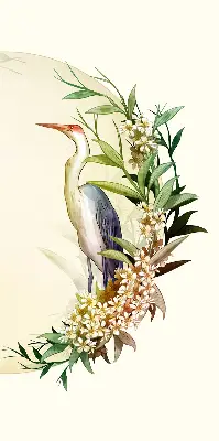 Modern roller blind featuring a crane in a circle of greenery