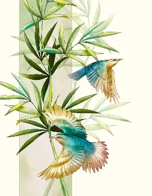 Fabric roller blind birds in the leaves pattern