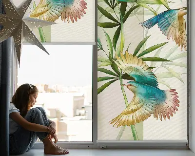Fabric roller blind birds in the leaves pattern