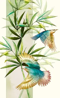 Fabric roller blind birds in the leaves pattern