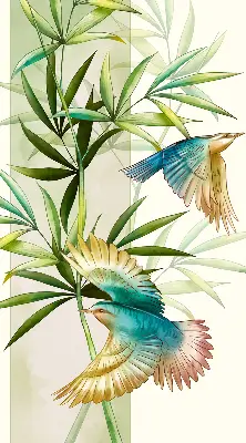 Fabric roller blind birds in the leaves pattern
