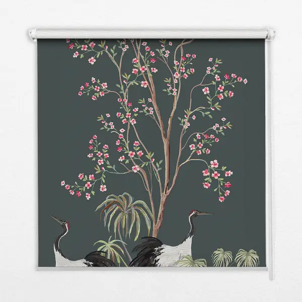 Modern roller blind featuring birds by the rose bush design