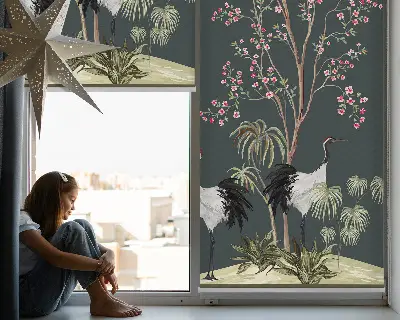 Modern roller blind featuring birds by the rose bush design