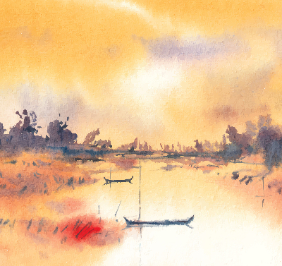 Modern roller blind Sunset over the lake