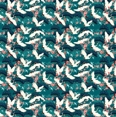 Roller blind for large window in a flock of cranes pattern