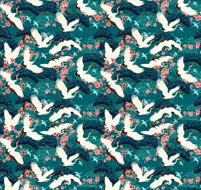 Roller blind for large window in a flock of cranes pattern