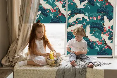 Roller blind for large window in a flock of cranes pattern
