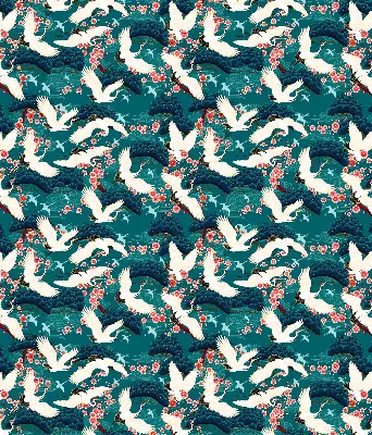 Roller blind for large window in a flock of cranes pattern