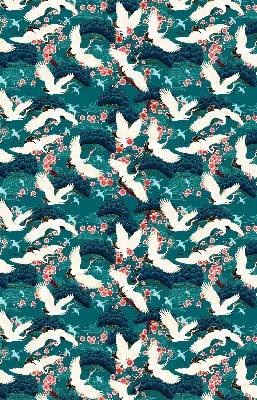 Roller blind for large window in a flock of cranes pattern