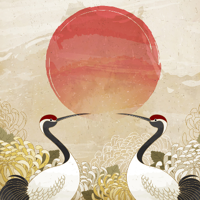 Modern roller blind Cranes at sunset