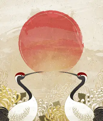 Modern roller blind with a cranes at sunset print